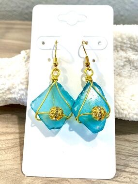 44. Gold-Wire Aqua Blue Sea Glass Drop Earrings - Elegant Women's Jewelry